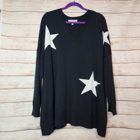 Laurie Felt Women's Cashmere Blend Intarsia V-Neck Sweater Top Black Size 2X - Picture 1 of 13